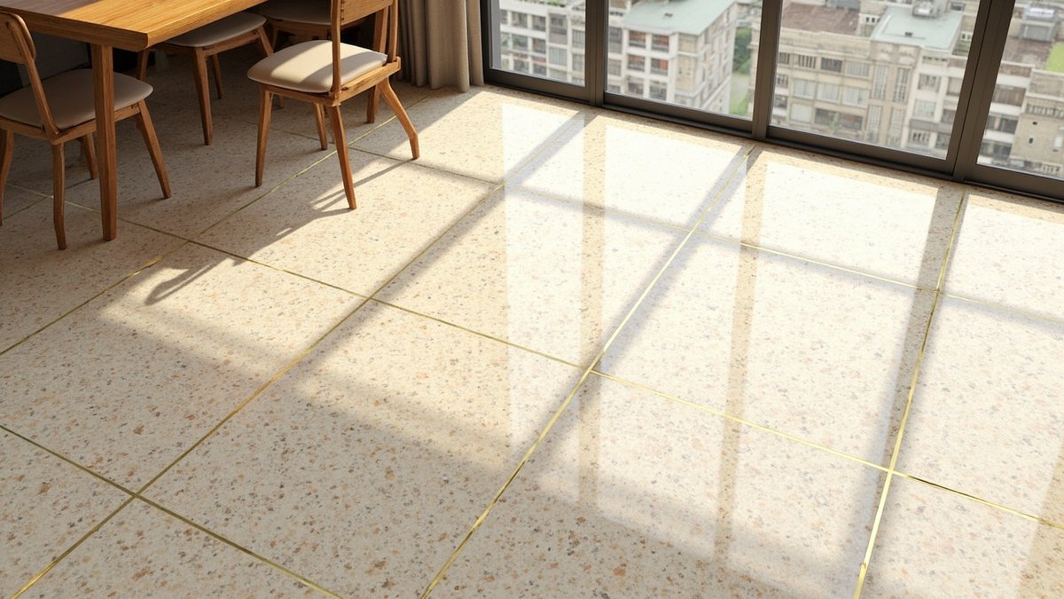 Illustrative concept design: cream terrazzo floor divided into large squares by brass strips under a timber dining table