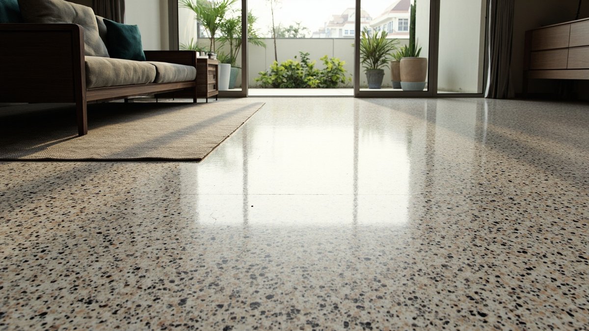 Illustrative concept design: warm grey terrazzo floor running to open sliding glass doors onto a planted patio