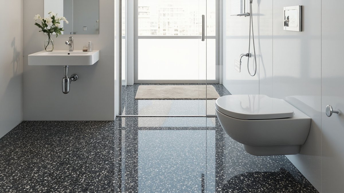 Illustrative concept design: charcoal terrazzo floor tiles with white chips under a wall-hung basin and toilet beside a glass shower screen