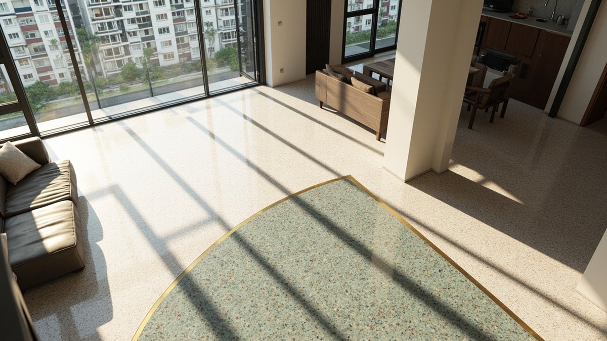 Illustrative concept design: soft green terrazzo zone set into a white terrazzo floor along a sweeping brass inlay curve