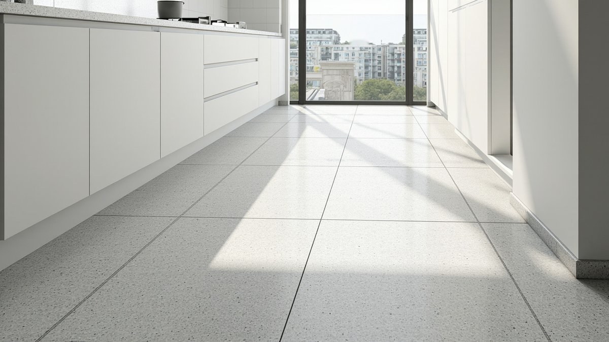 Illustrative concept design: square grey terrazzo floor tiles with fine white chips and thin joints in a dry kitchen