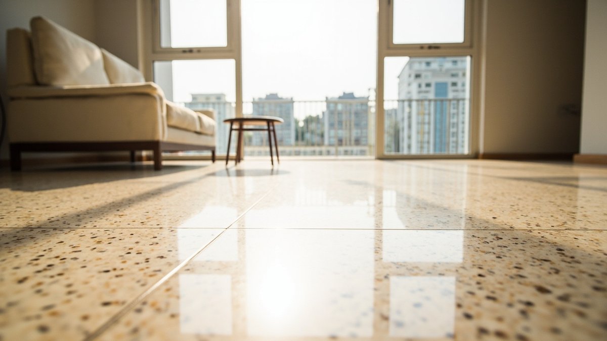 Illustrative concept design: large pale beige terrazzo floor tiles with thin joints in a condo living room
