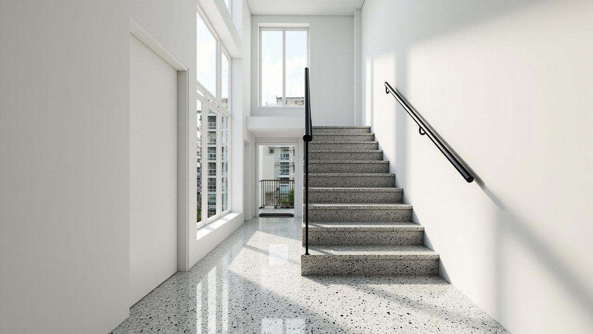 Illustrative concept design: light grey terrazzo stair treads and risers rising from a matching terrazzo floor with a black handrail