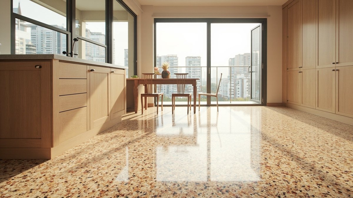 Illustrative concept design: warm beige terrazzo with brown and rust chips running from an open kitchen into the dining area