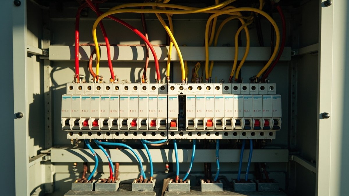 Three-phase distribution board with red, yellow and blue phase busbars