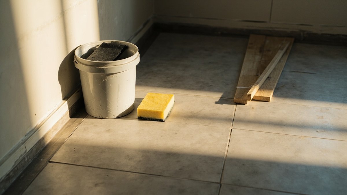 Newly tiled bathroom floor with fresh grout lines and protective boards by the door during renovation