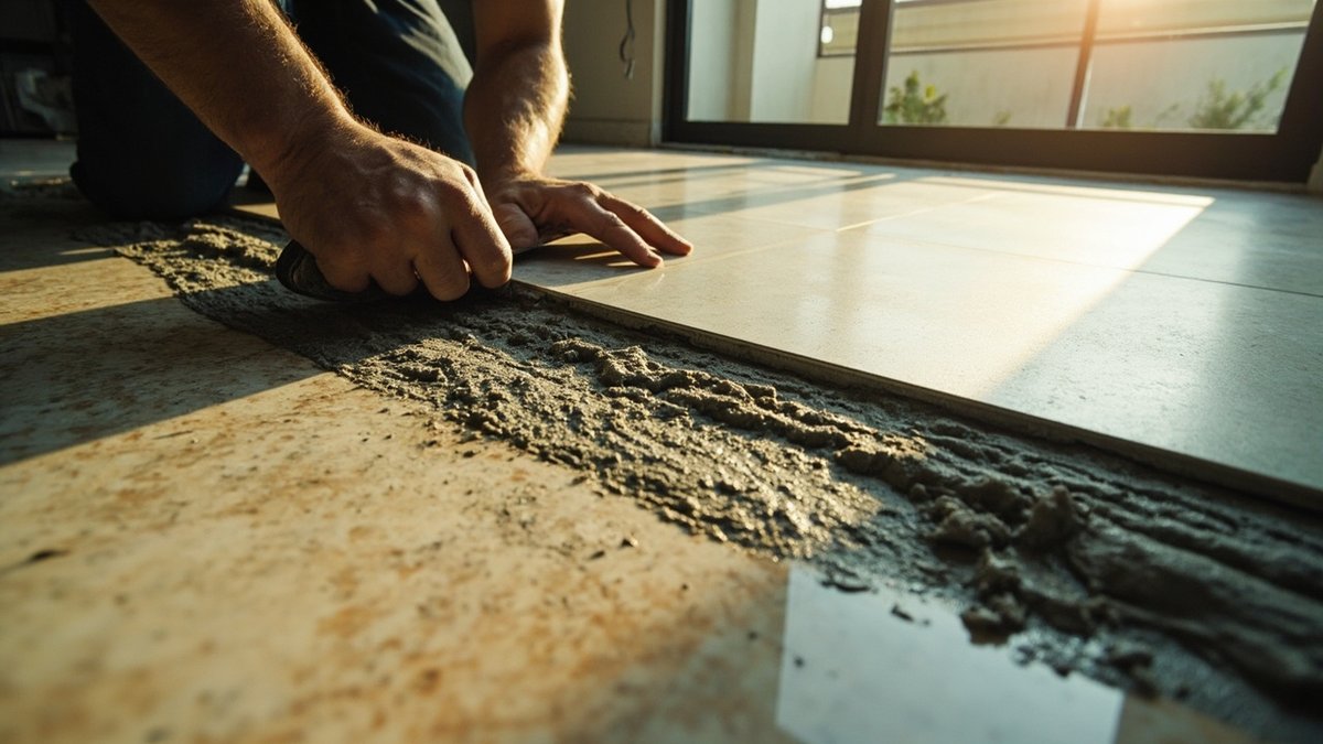 New porcelain tile being laid over old ceramic floor tiles in a condo living room