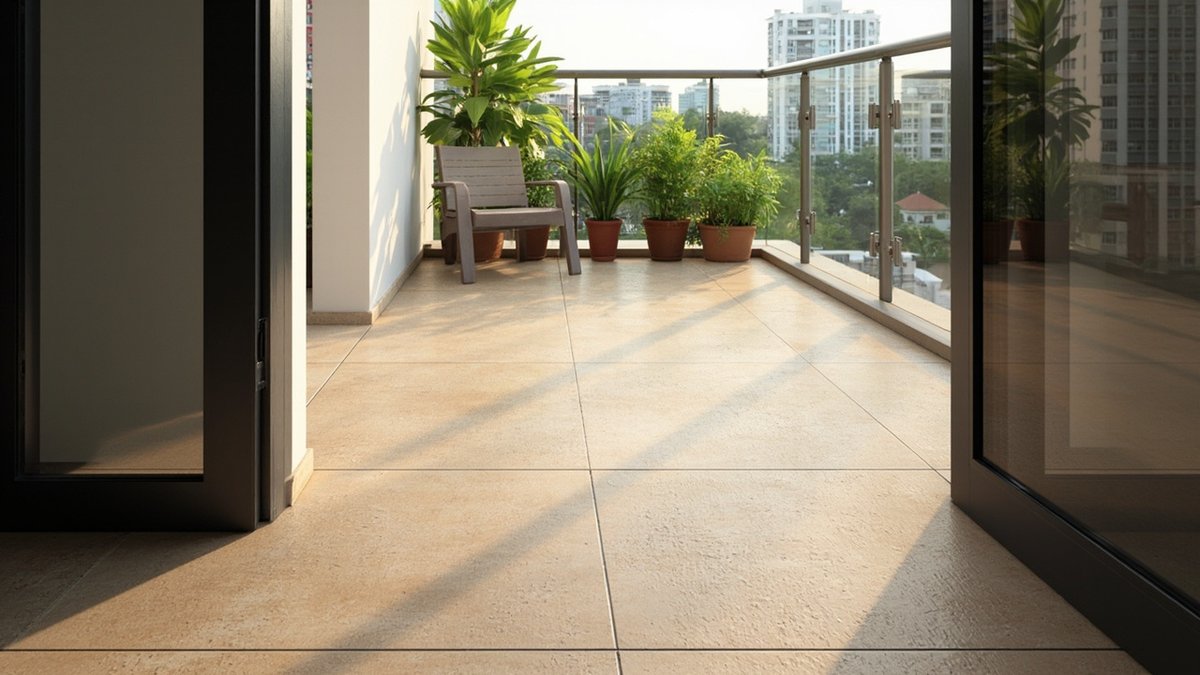 Illustrative concept design: condo balcony floor of textured sand-beige stone-look tiles with potted plants