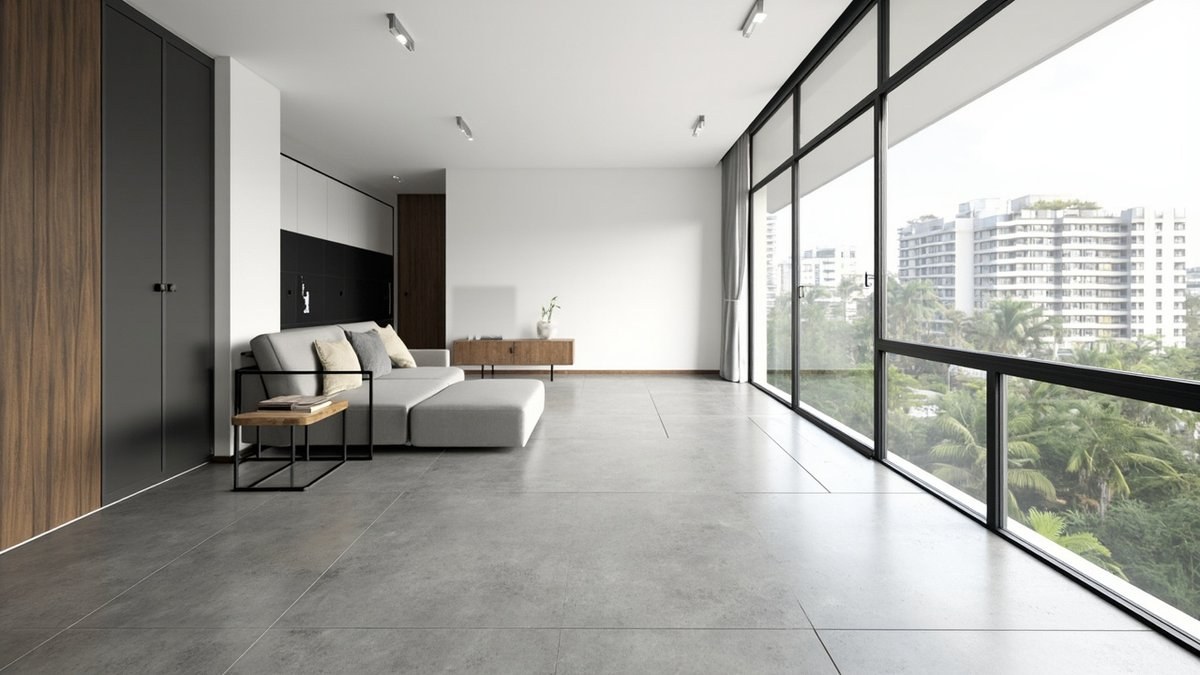 Illustrative concept design: open condo living area floor of large matt grey cement-look tiles