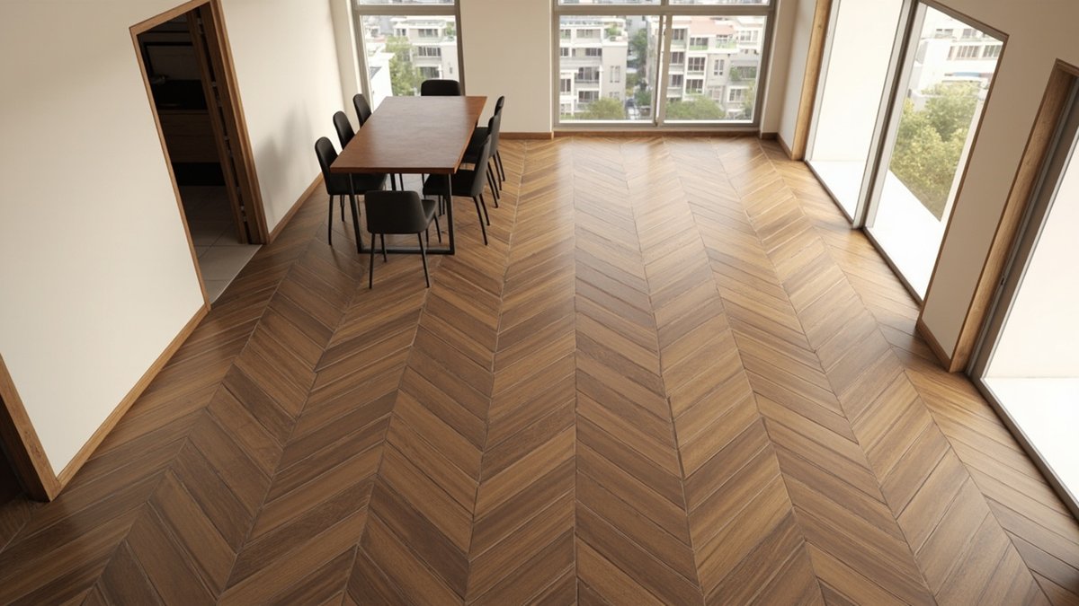 Illustrative concept design: dining room floor of walnut-brown wood-look tiles laid in a zigzag chevron