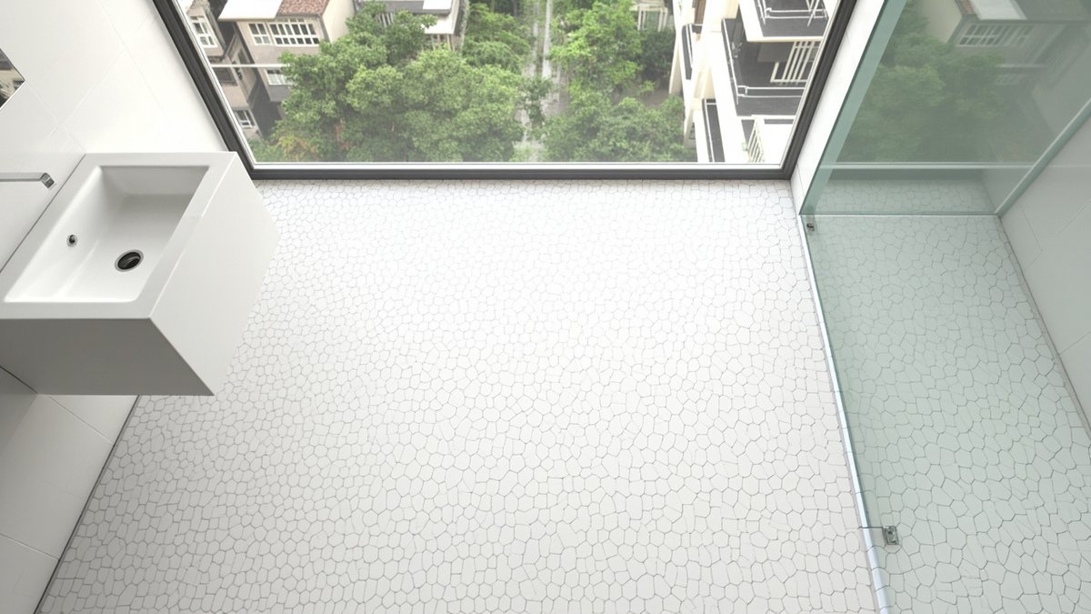 Illustrative concept design: bathroom floor of small white pebble-shape mosaic tiles running into a glass-screened shower