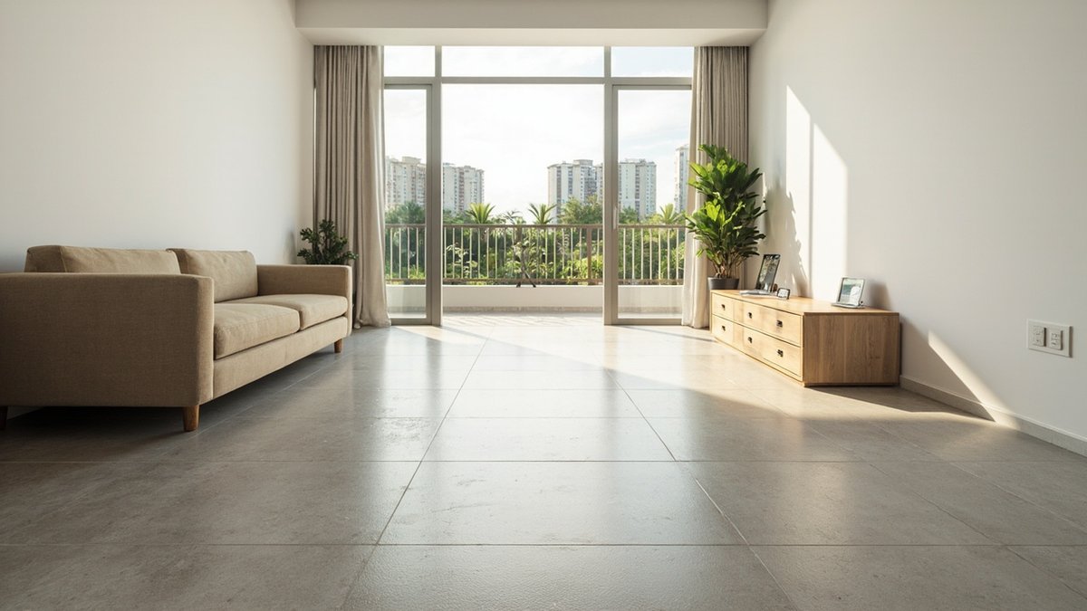 Illustrative concept design: condo living room floor of large warm grey semi-polished tiles with a soft sheen