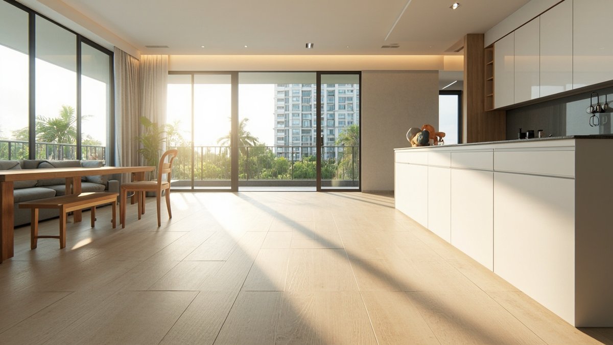 Illustrative concept design: open-plan condo with light wood-look tile planks through the living, dining and kitchen