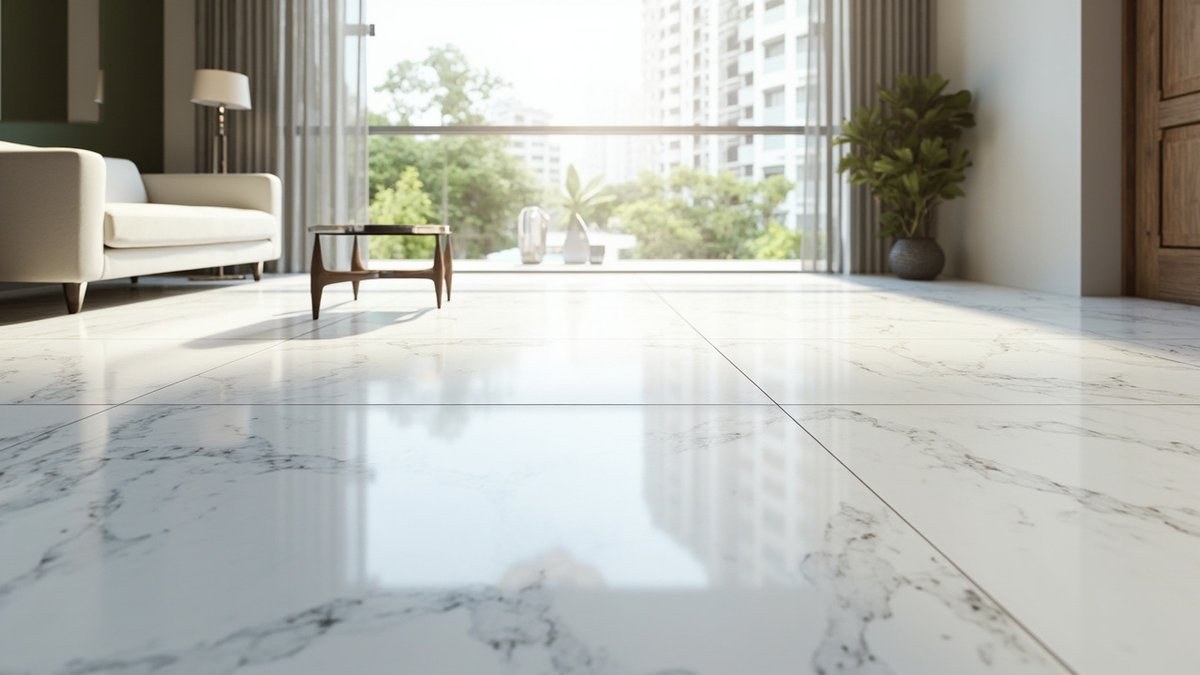 Illustrative concept design: condo living room floor of large polished marble-look tiles with thin joints