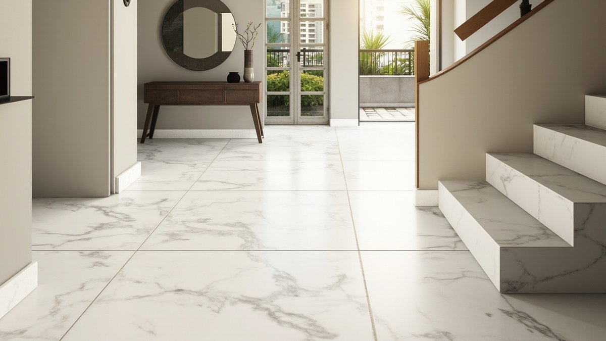 Illustrative concept design: entrance foyer floor of polished white natural marble with grey veining