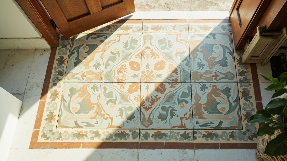 Illustrative concept design: entrance foyer floor of patterned Peranakan-style tiles inside a terracotta border band