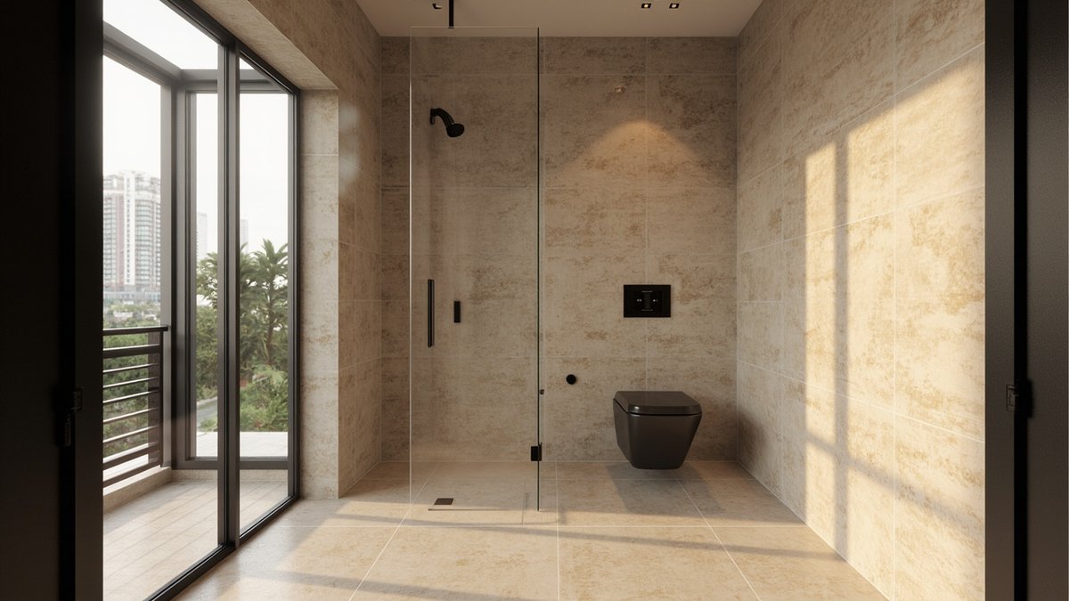 Illustrative concept design: bathroom with large warm stone-look porcelain slabs from floor to ceiling