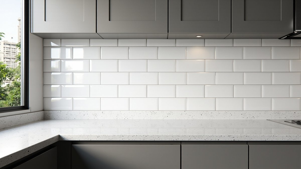 Illustrative concept design: kitchen backsplash of white glossy subway tiles in a brick pattern under grey cabinets