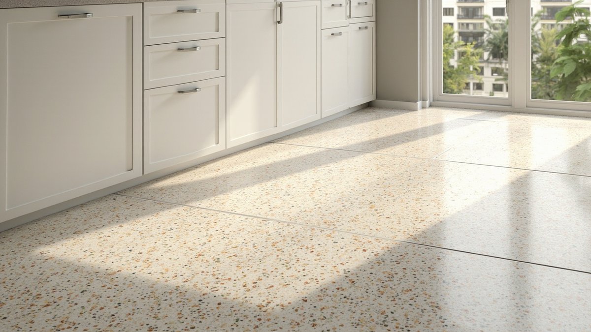 Illustrative concept design: kitchen floor of large terrazzo-look tiles with small orange and grey chips