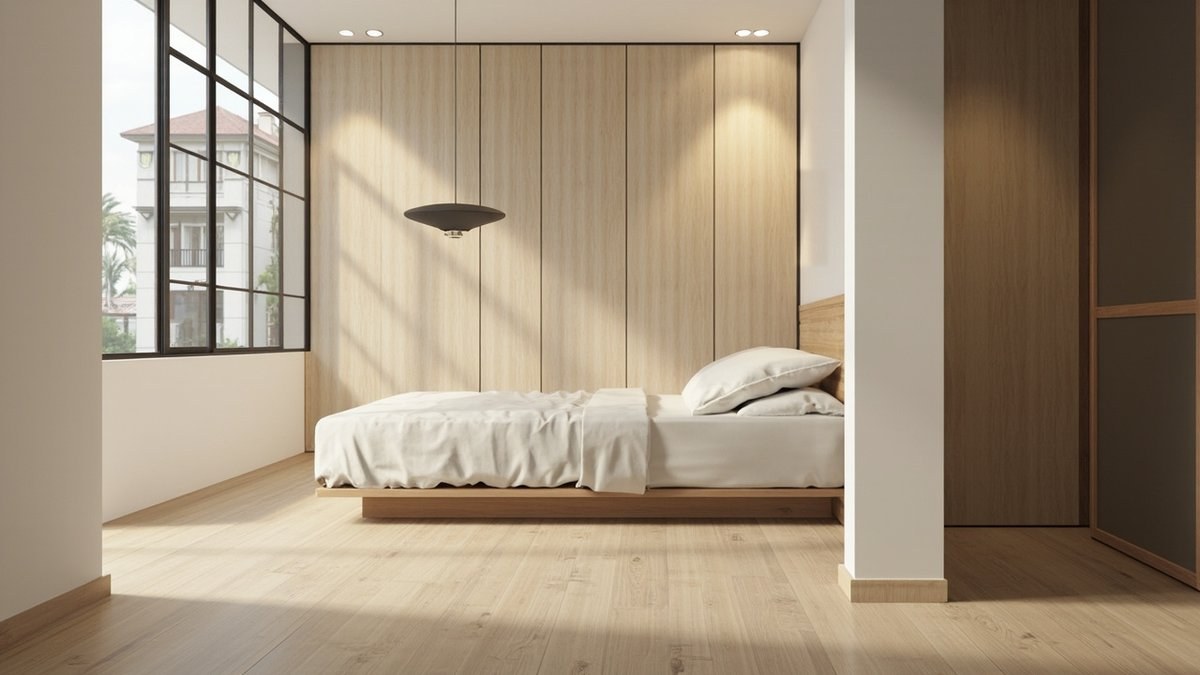 Illustrative concept design: bedroom with light oak wood-look tile planks under a low platform bed