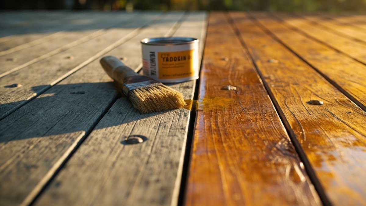 Timber deck half re-oiled, brown oiled boards beside weathered grey boards