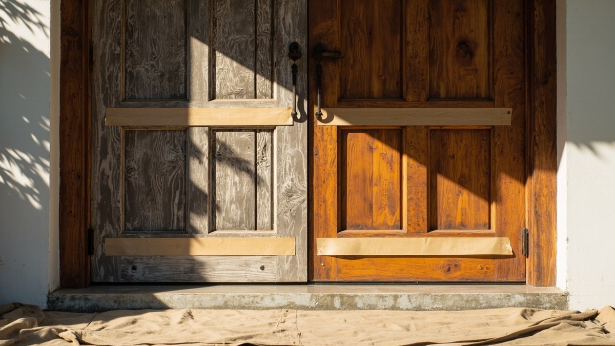 Timber main door half weathered and half freshly sanded and varnished