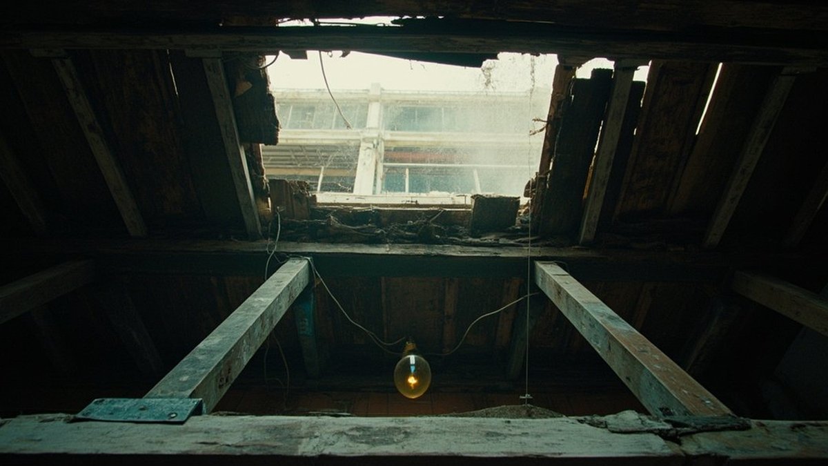 View up through an old timber upper floor being opened with steel props and new rebar above