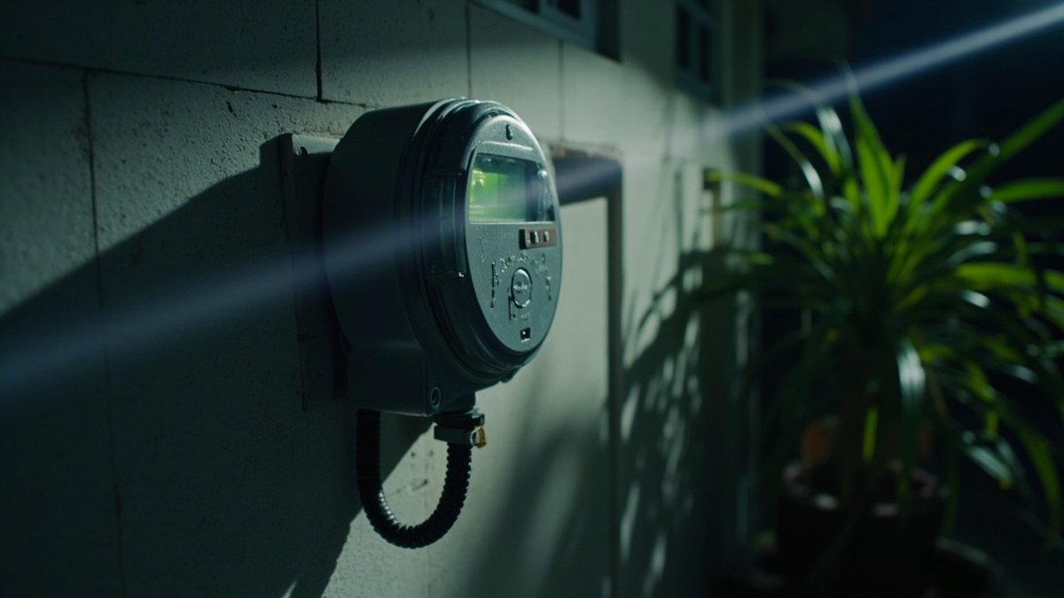 Meter elektrik pintar digital dengan penutup bermeterai di dinding porch rumah teres pada waktu senja