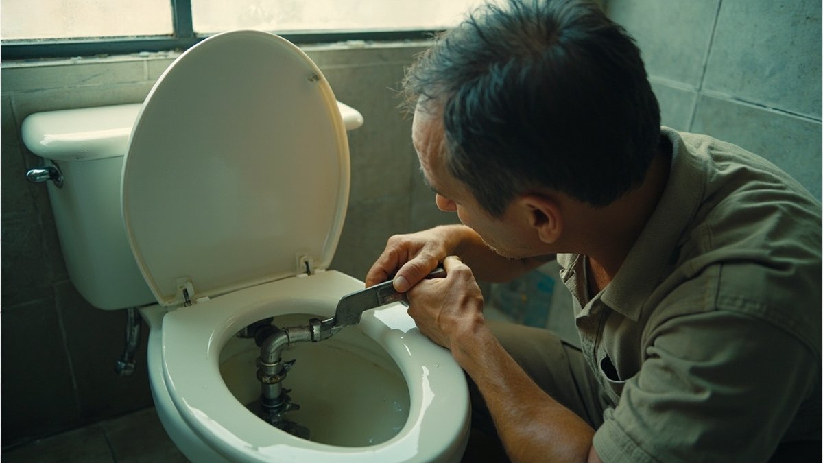 Plumber repairing a toilet flush cistern in a Malaysian home bathroom