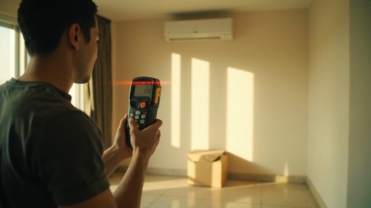Juruteknik mengukur bilik tidur yang terdedah kepada cahaya matahari menggunakan meter laser untuk menentukan saiz aircond baharu