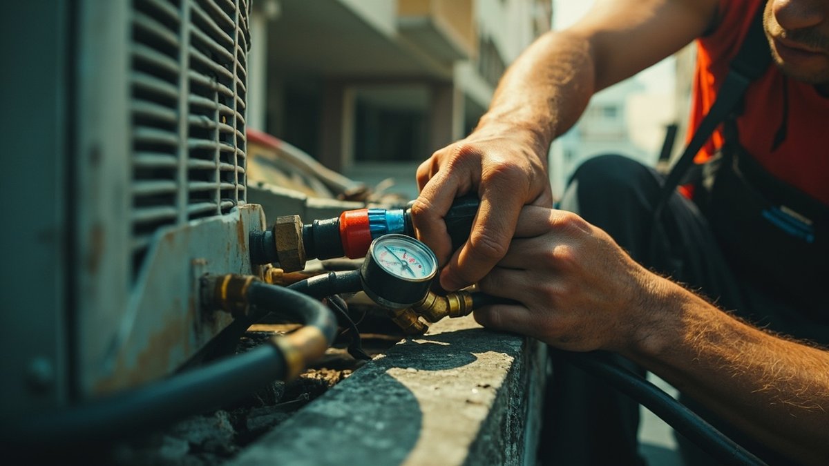 Technician checking an aircon outdoor compressor with a pressure gauge set