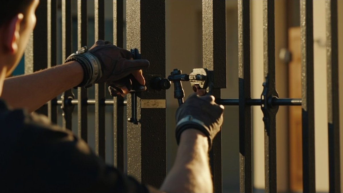 Installer fixing a swing autogate motor arm to a steel house gate