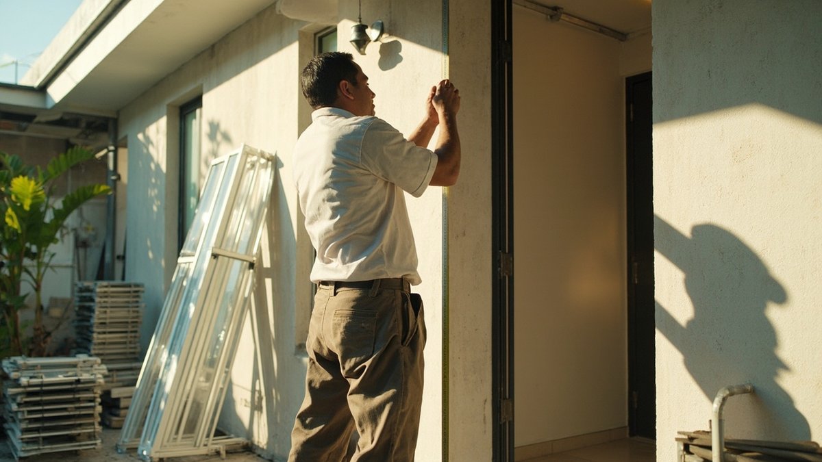 Man in a white shirt reaching up a rendered house wall in low sun, white window frames leaning beside him