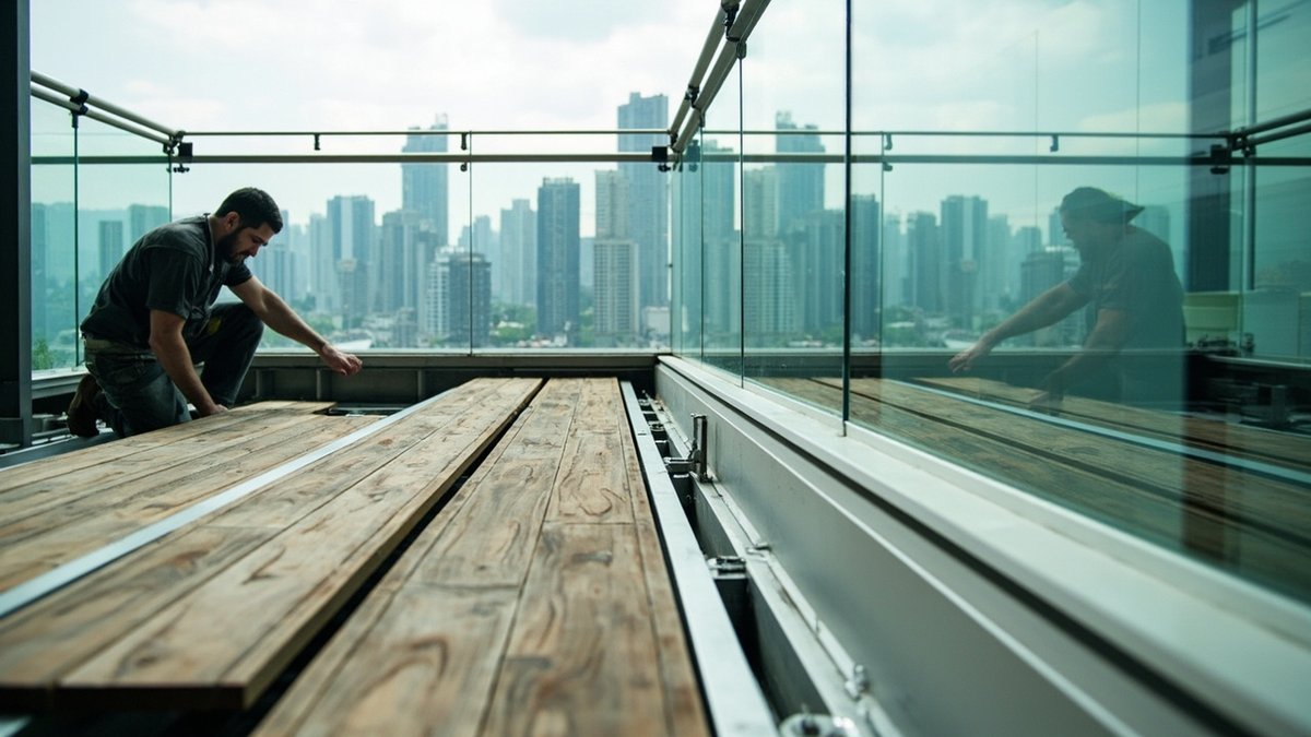 Condo balcony with new composite decking and a glass balustrade being installed