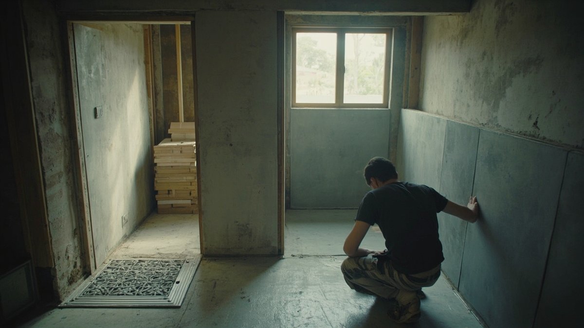 Tiler laying new wall tiles in a stripped condominium bathroom during a renovation