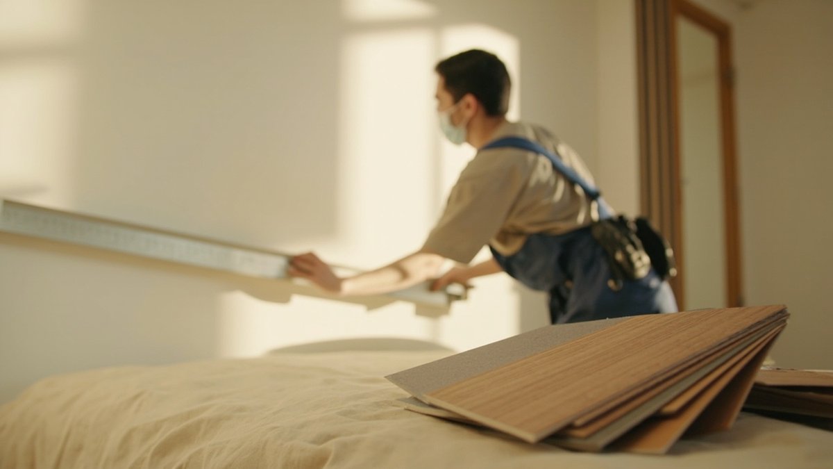 Carpenter measuring a bedroom wall for a built-in wardrobe with laminate swatches on the bed