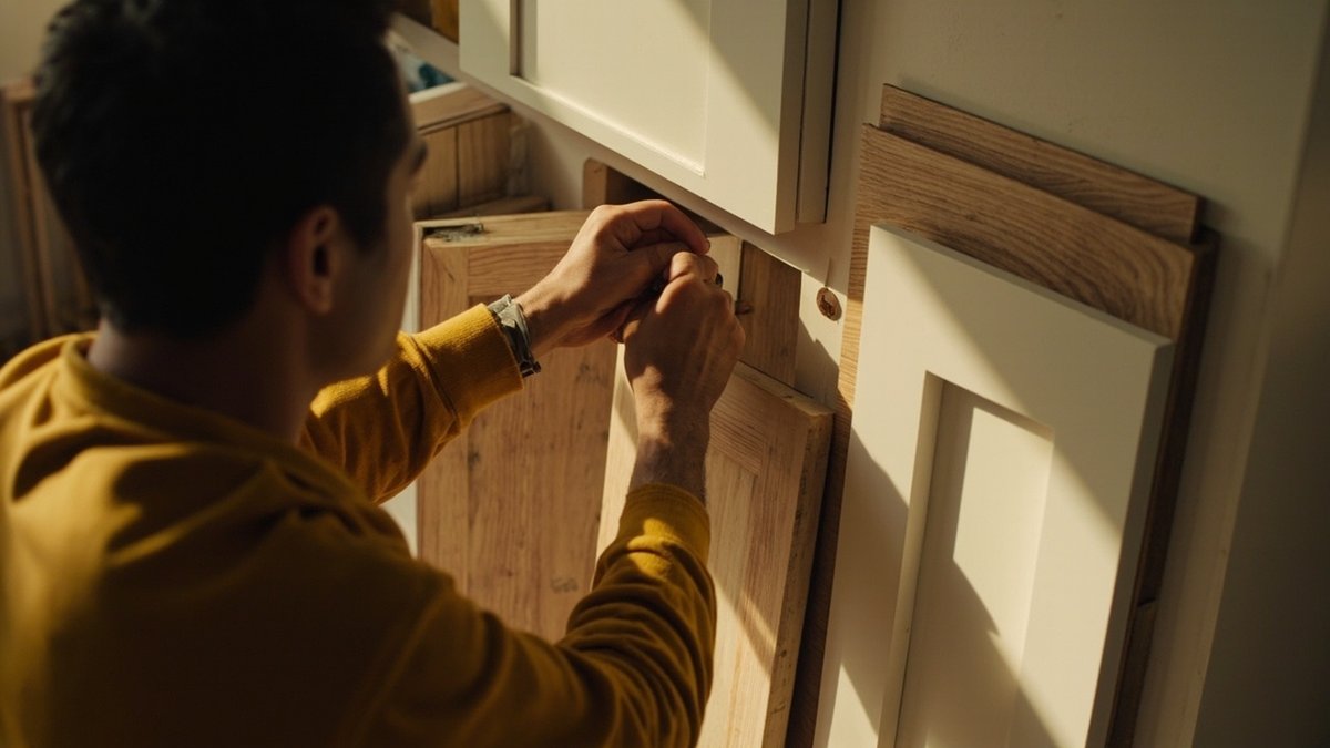 Tukang kayu menanggalkan pintu kabinet dapur yang uzur dengan panel pintu baharu telah tersedia