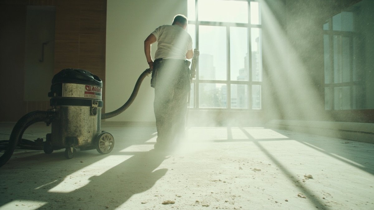 Cleaner vacuuming renovation dust in an empty condominium unit