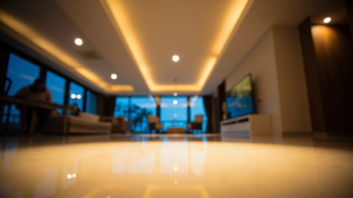 Evenly spaced recessed downlights in a condo living room ceiling