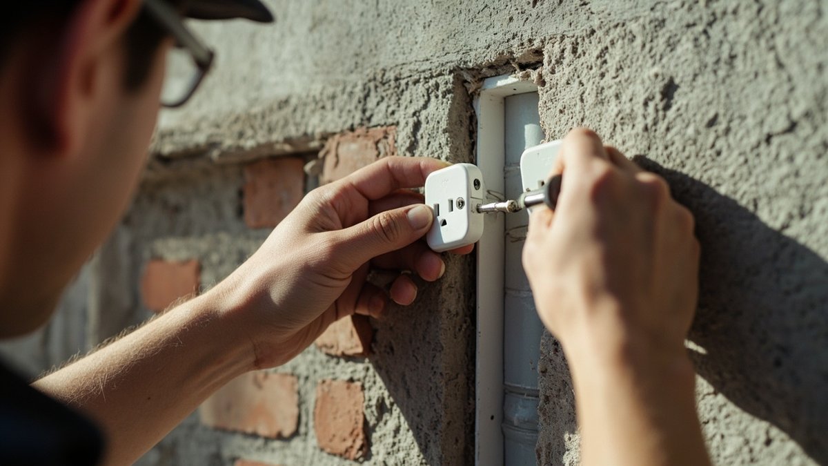 Electrician fitting a new power socket into a chased wall groove
