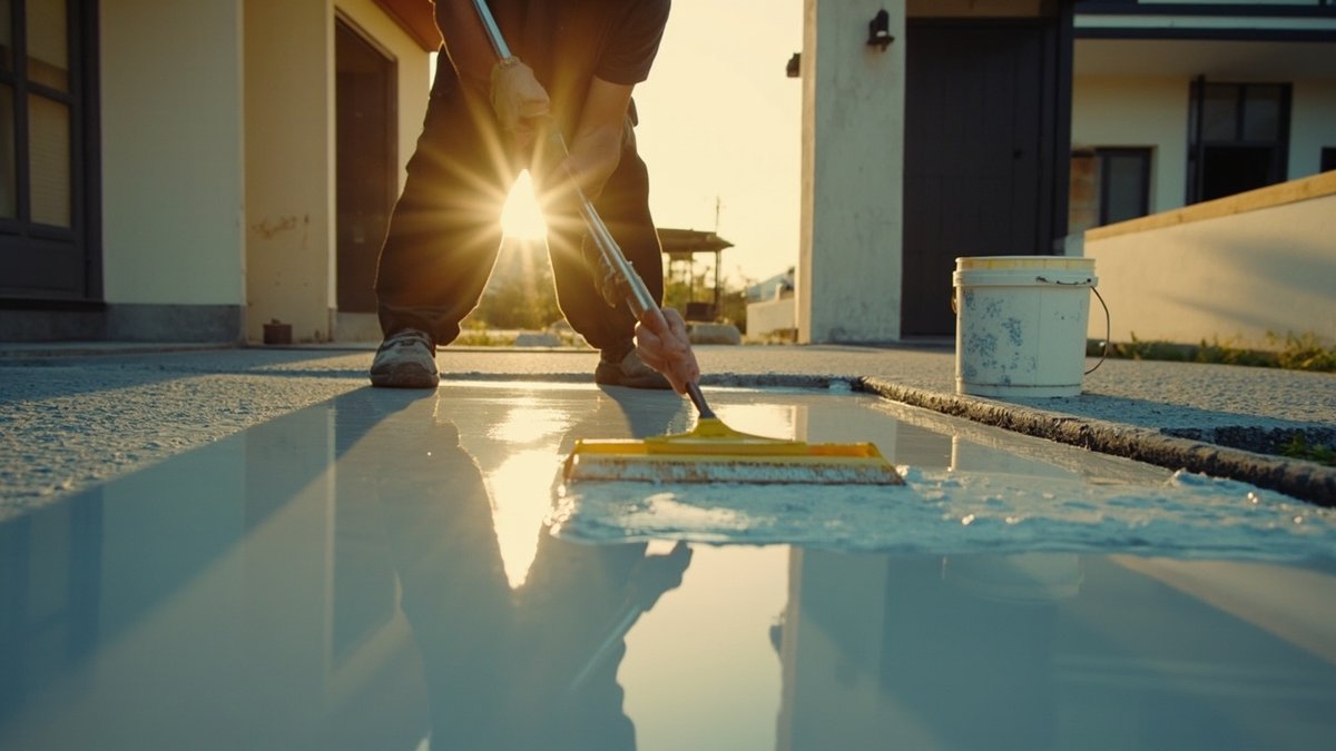 Worker spreading grey epoxy coating across a car porch floor