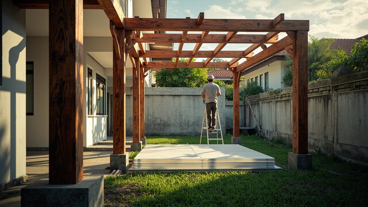 Gazebo kayu sedang dibina di laman rumah teres dengan rangka bumbung sudah dipasang