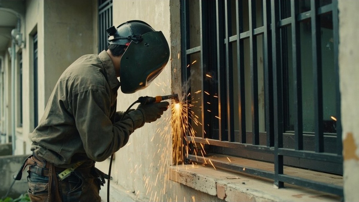 Welder fitting a new mild steel window grille to a terrace house