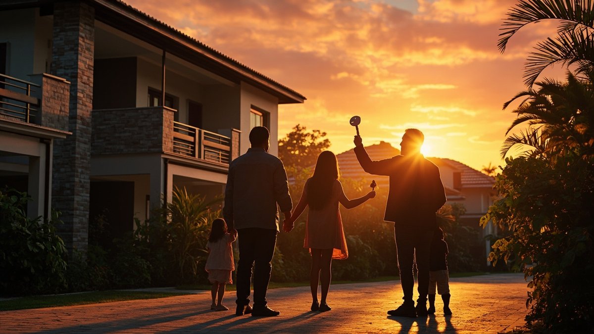 Family standing in front of their new double-storey terrace house at sunset