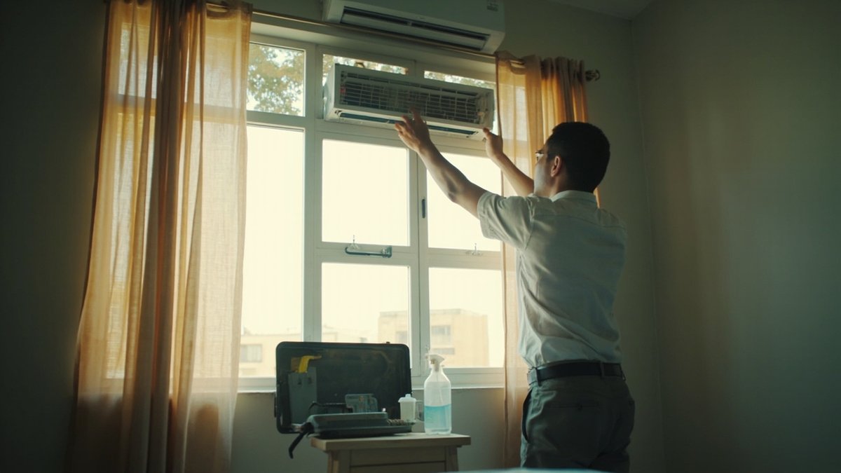 Technician servicing a wall-mounted aircon unit as part of routine home maintenance