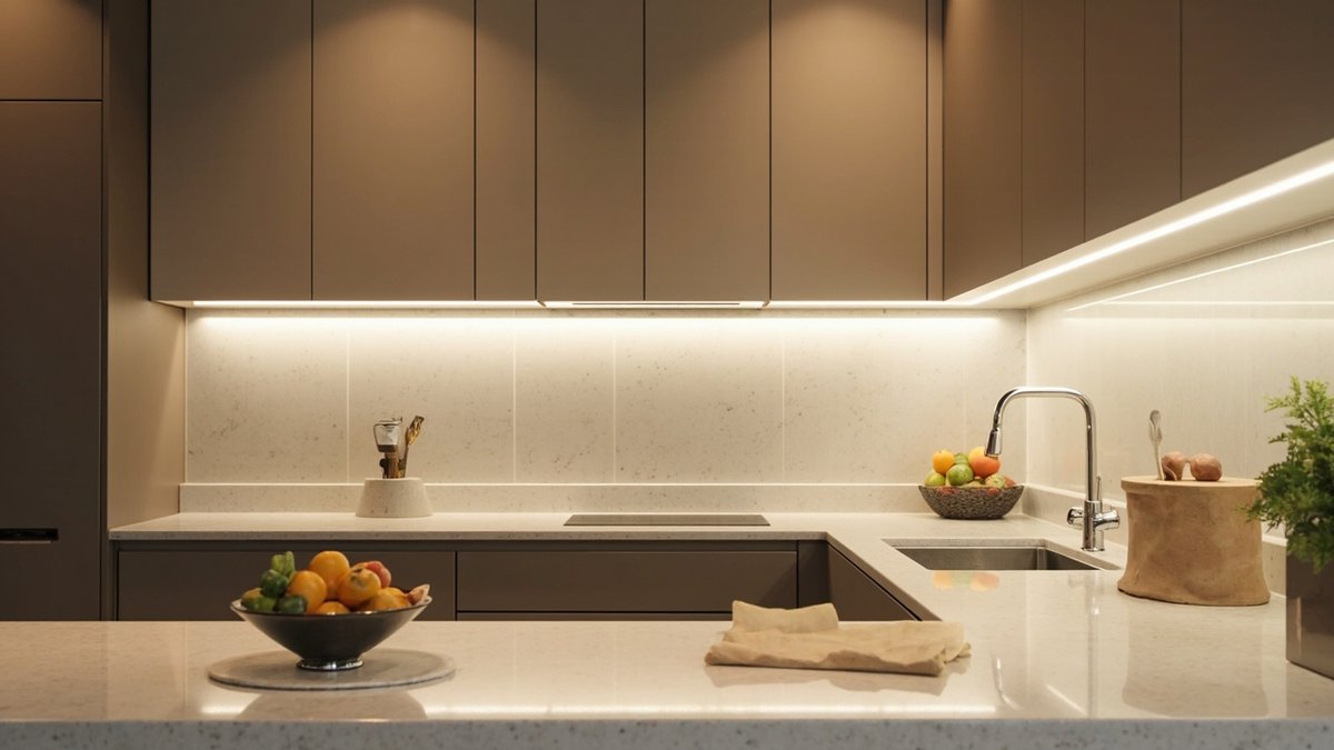 Evenly lit kitchen worktop under ceiling downlights and cabinet lights