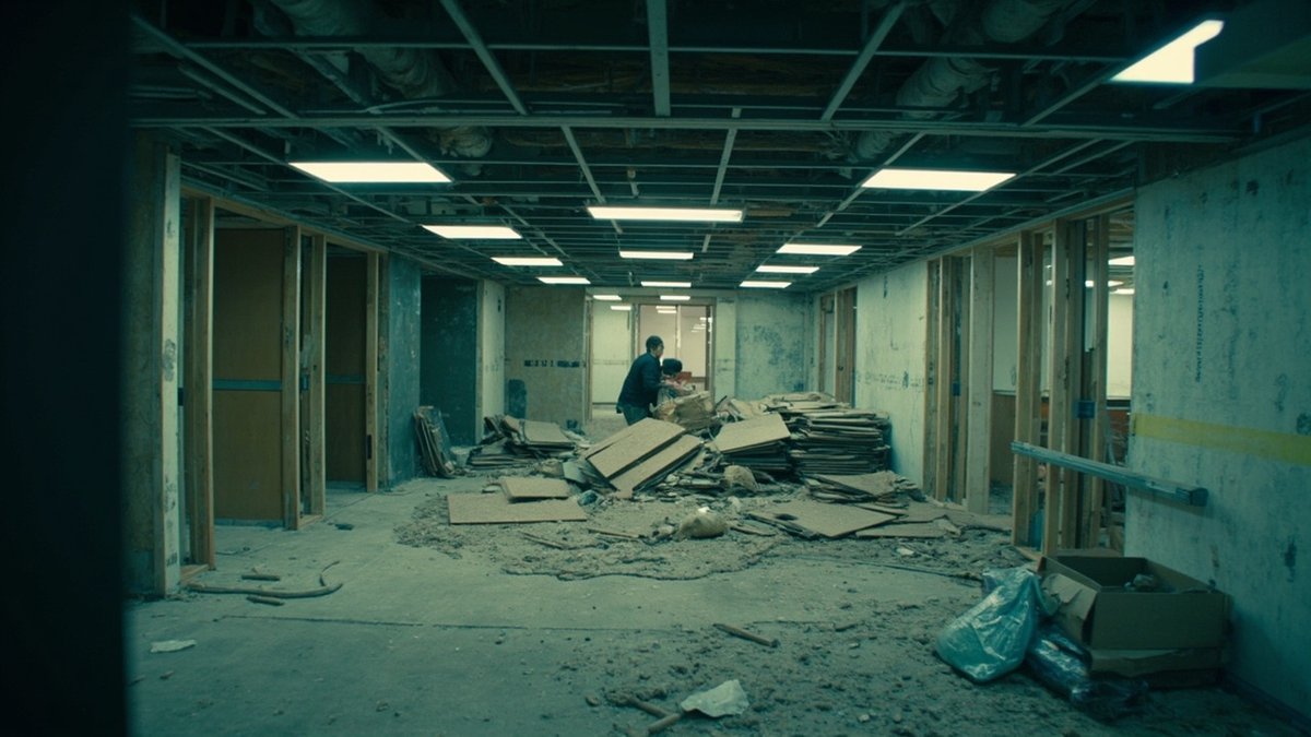 Office floor being stripped of partitions, ceiling boards and carpet during reinstatement