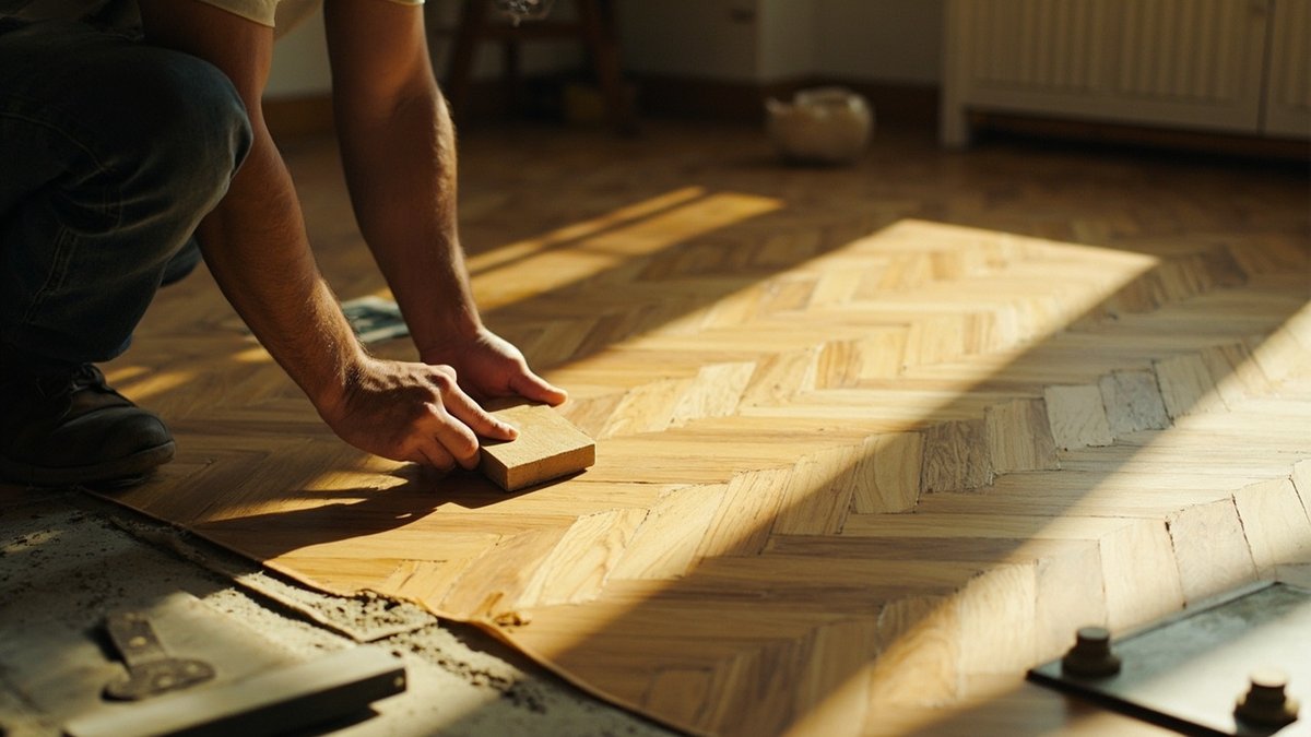 Installer laying engineered oak herringbone parquet in a living room