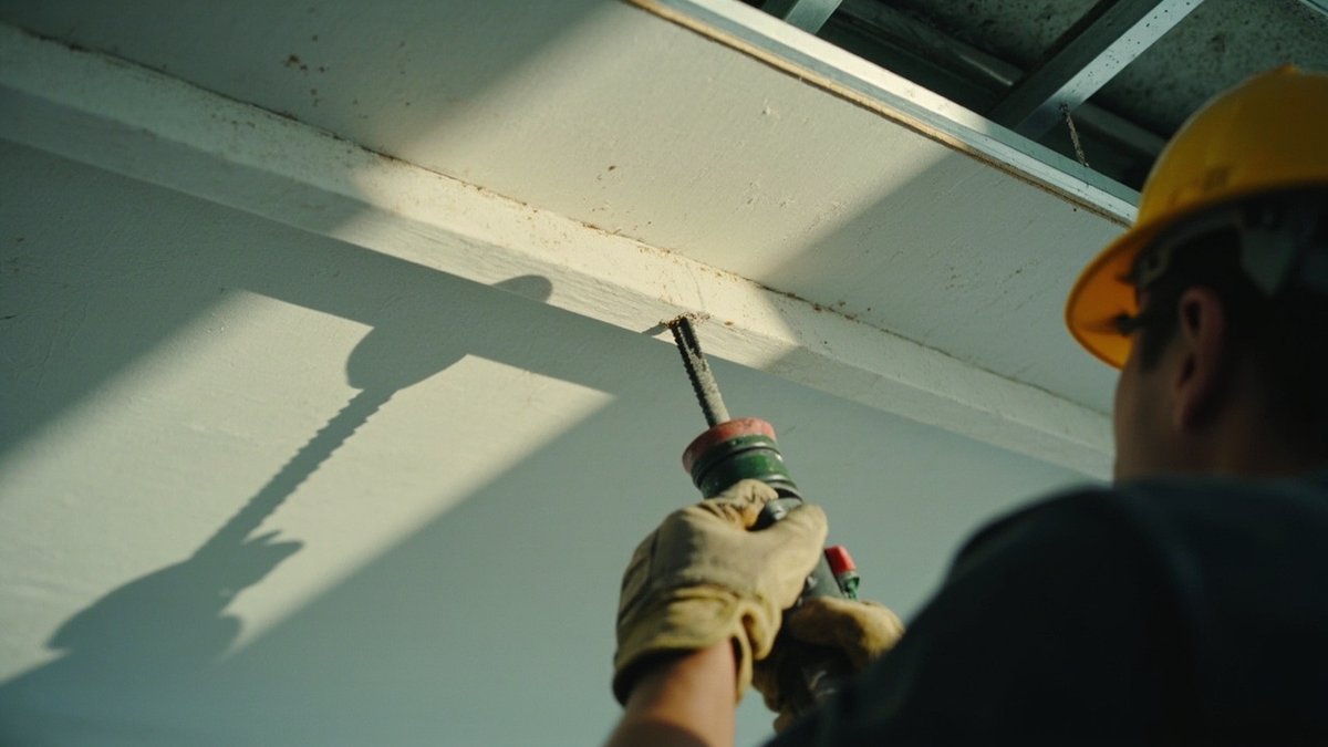 Installer fixing gypsum board to a metal ceiling grid, seen from below