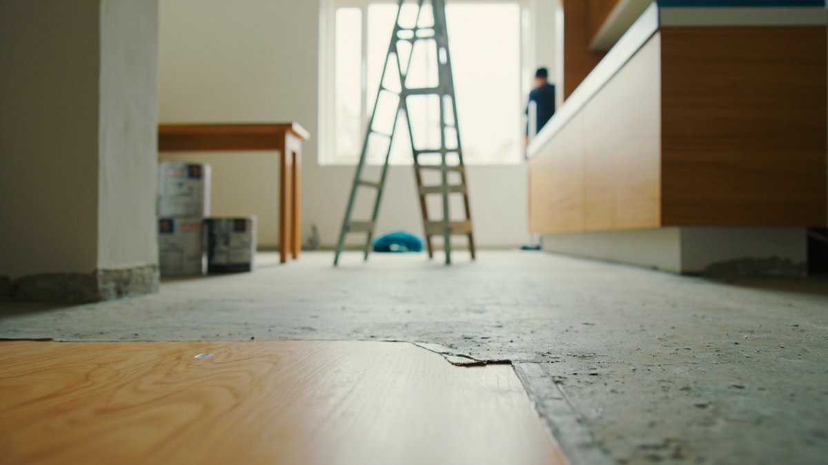 Terrace house mid-renovation with new kitchen cabinets, part-laid flooring and fresh wall paint